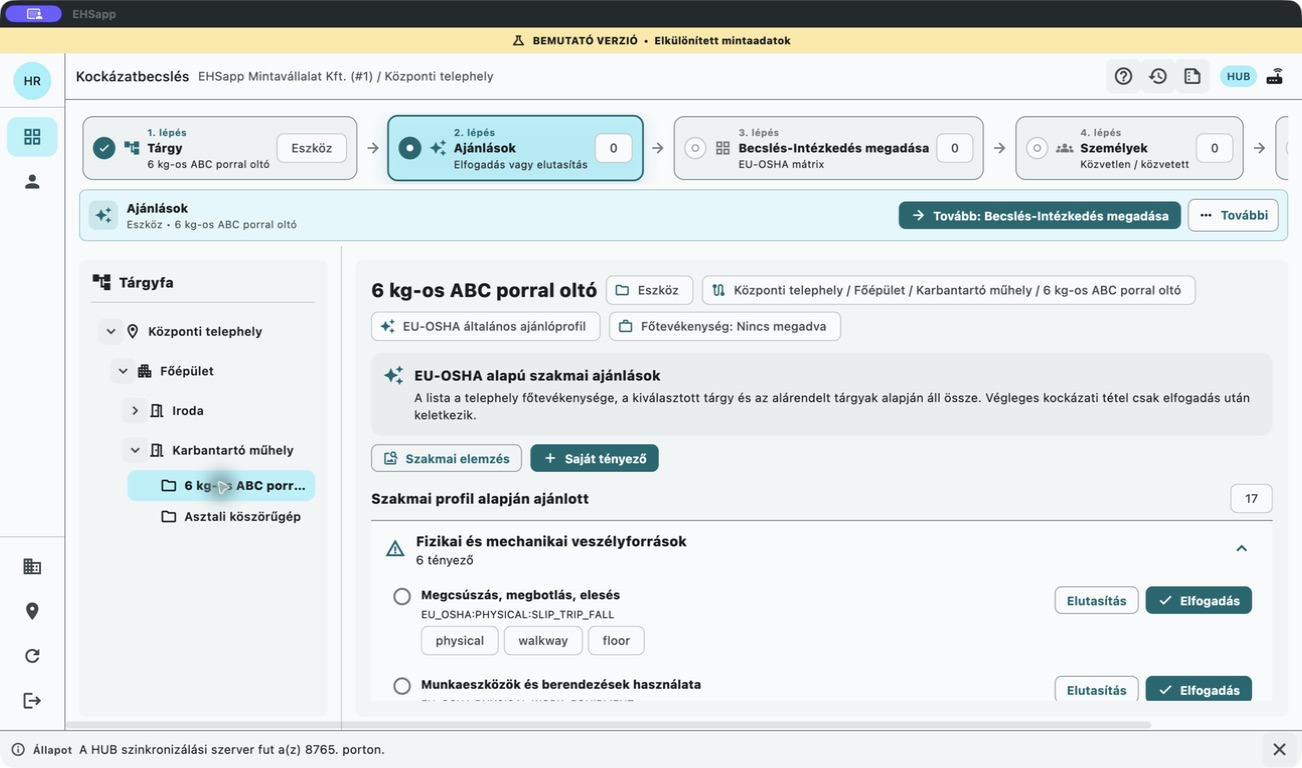 Az EHSapp kockázatértékelési ajánló felülete EU-OSHA tényezőkkel